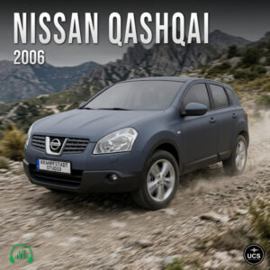 2006 Nissan Qashqai dark blue compact crossover SUV driving on a dirt mountain road.