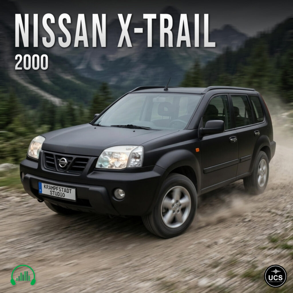 Black Nissan X-Trail 2000 compact crossover SUV drives along a dirt mountain road.