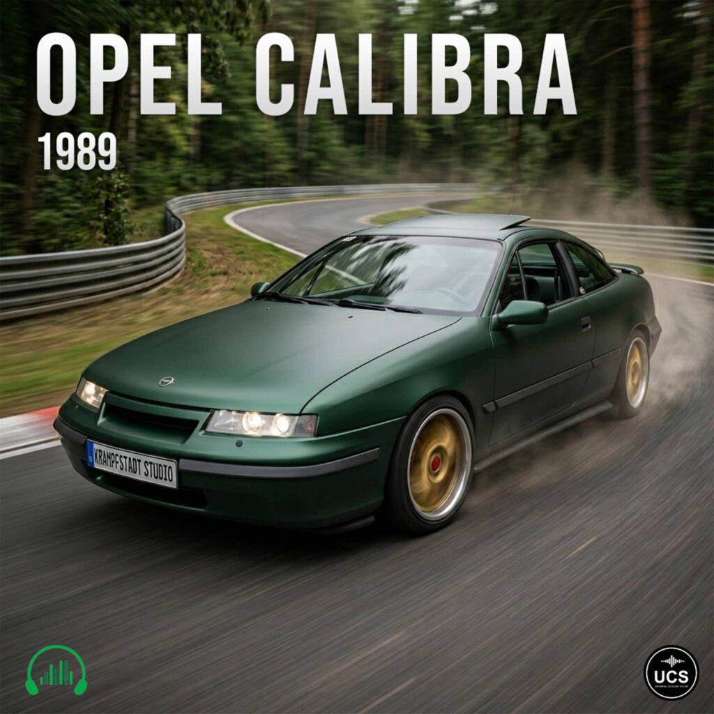 1989 Opel Calibra dark green sport compact car drives round a curved forest racetrack.