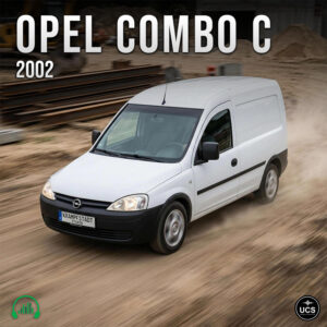 White Opel Combo C 2002 panel van drives along a dirt track.