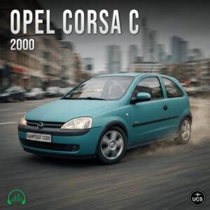 Teal three-door Opel Corsa C 2000 hatchback drives along a blurred city street.