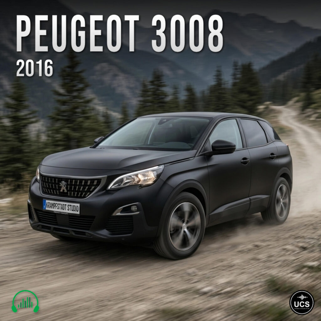 Matte black 2016 Peugeot 3008 compact crossover SUV drives along a dirt mountain road.