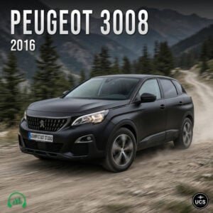 Matte black 2016 Peugeot 3008 compact crossover SUV drives along a dirt mountain road.