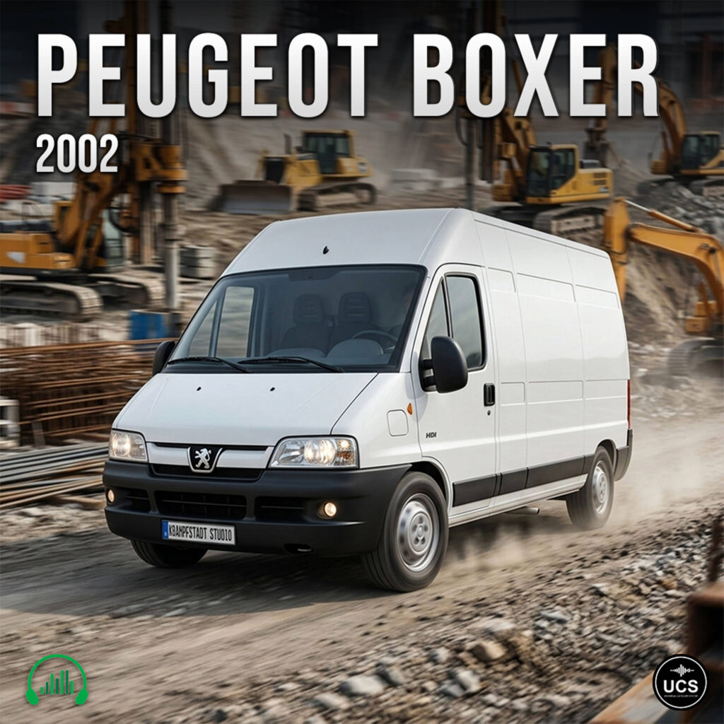 White Peugeot Boxer 2002 van drives through a construction site with yellow excavators in the background.