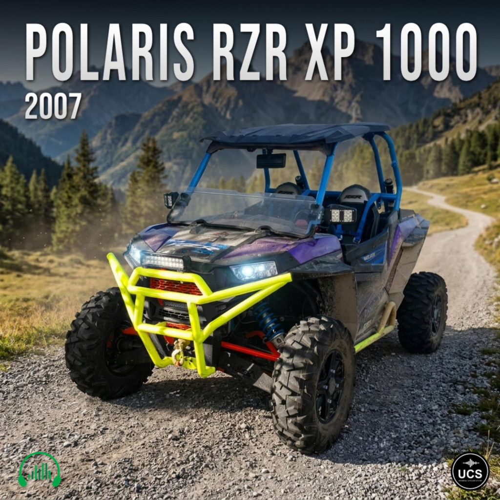 Polaris RZR XP 1000 2007 UTV in purple and black with a yellow front bumper on a gravel road.