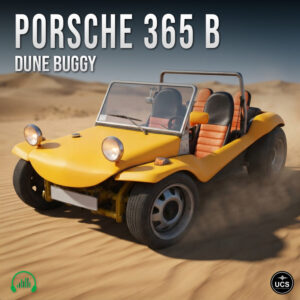 Yellow Porsche 365 B dune buggy with an exposed roll cage drives through a desert.