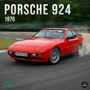 Red 1976 Porsche 924 sports car drifts on a race track with text overlay.
