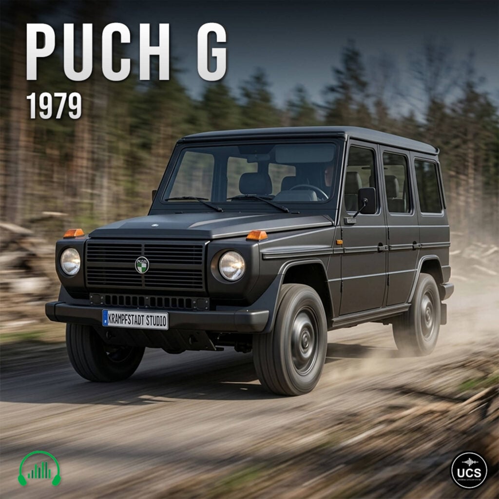 Matte black boxy 1979 Puch G military off-road SUV drives along a dirt road through a forest.