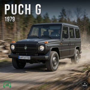 Matte black boxy 1979 Puch G military off-road SUV drives along a dirt road through a forest.