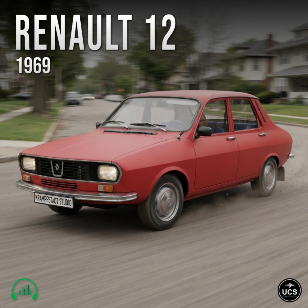 Red 1969 Renault 12 compact car drives down a residential street.