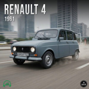 A blue 1961 vintage Renault 4 subcompact supermini car drives along a city road.