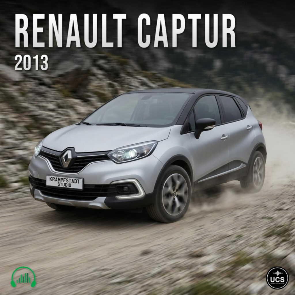 Silver 2013 Renault Captur subcompact crossover SUV drives fast on a dirt track with dust rising behind tyres.