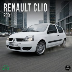 White 2001 Renault Clio two-door subcompact supermini hatchback driving on a city street.
