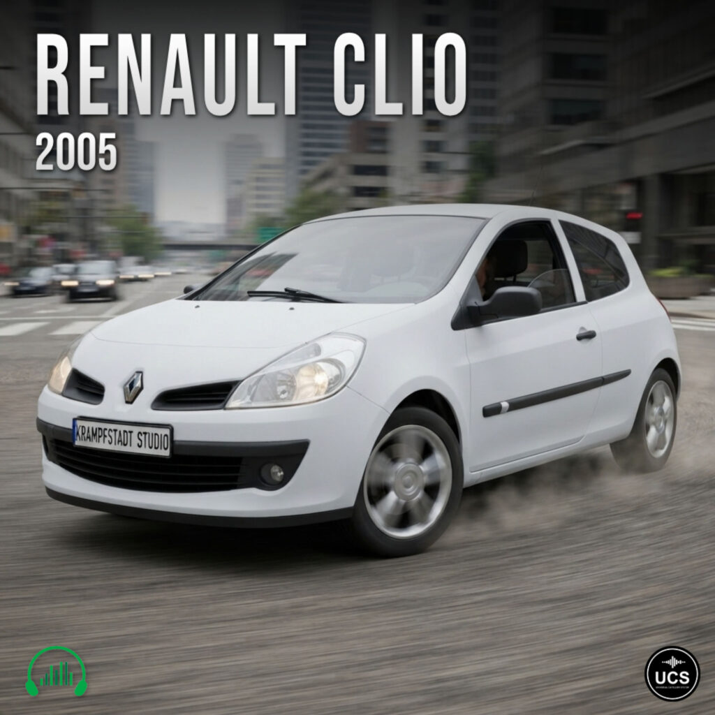 White 2005 Renault Clio three-door supermini car drives along a city street.