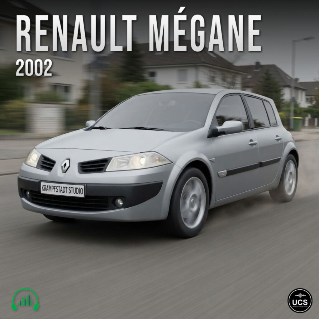 Silver 2002 Renault Megane five-door compact car driving on a suburban road.