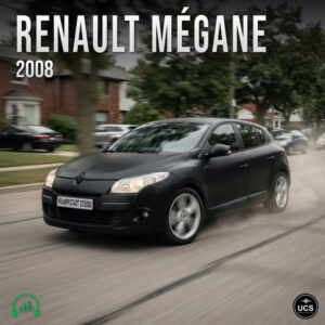 Matte black Renault Megane 2008 compact car driving on a suburban street.