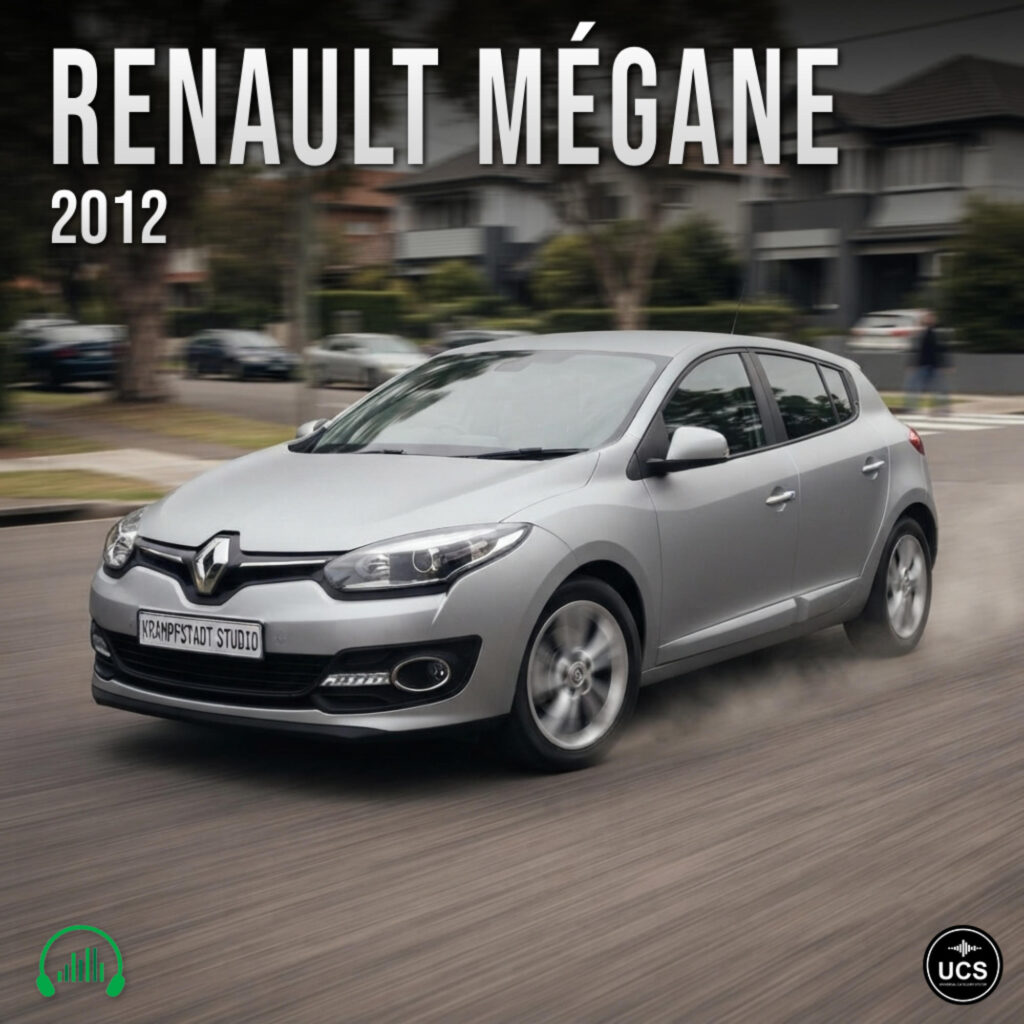 Silver 2012 Renault Megane compact hatchback drives along a suburban road.
