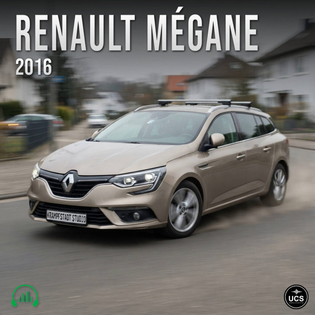 Beige 2016 Renault Megane station wagon drives along a suburban street with motion blur.