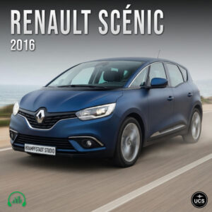 Blue 2016 Renault Scenic compact MPV people carrier driving along a coastal road.