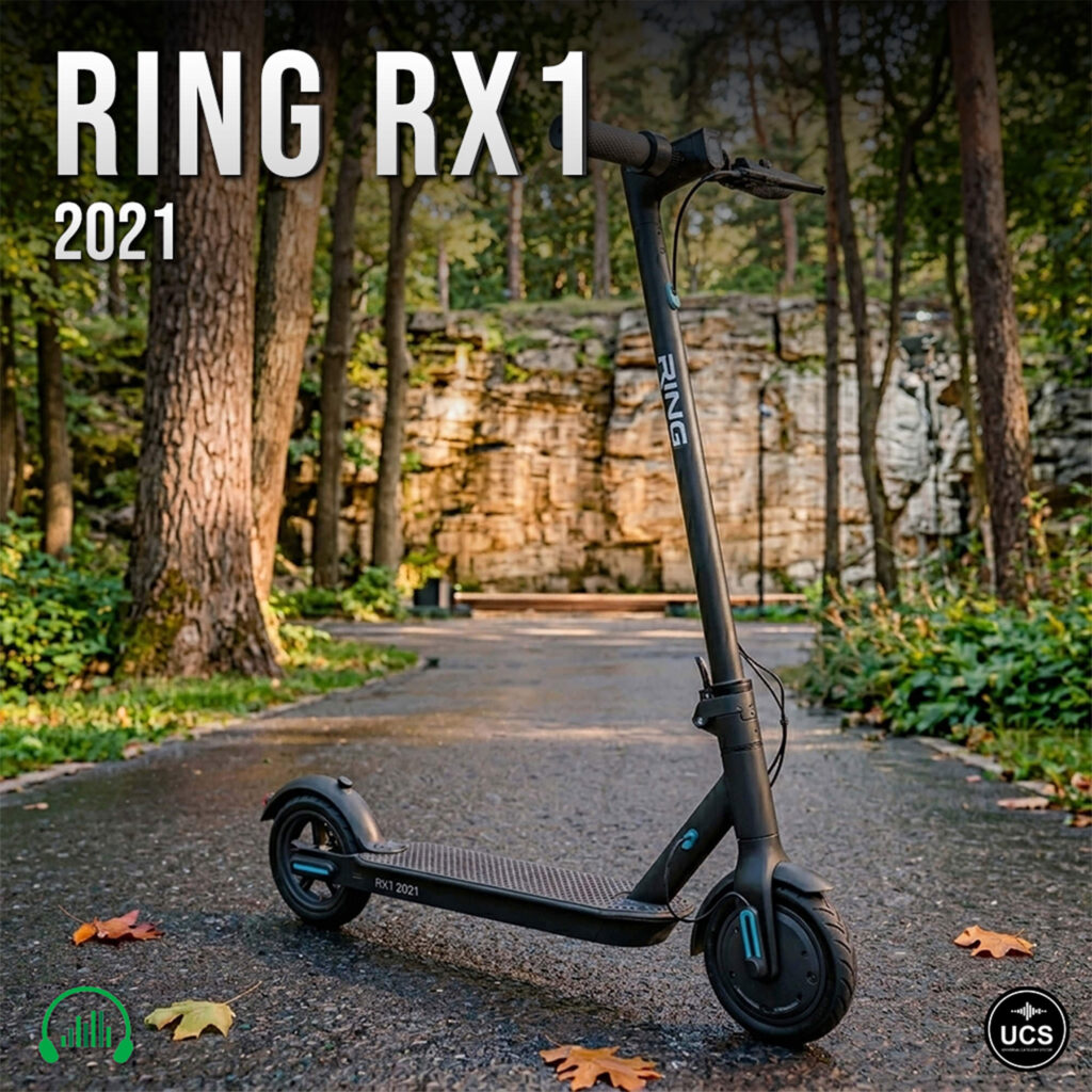 Black Ring RX1 2021 electric kick scooter parked on a paved path in a wooded park.
