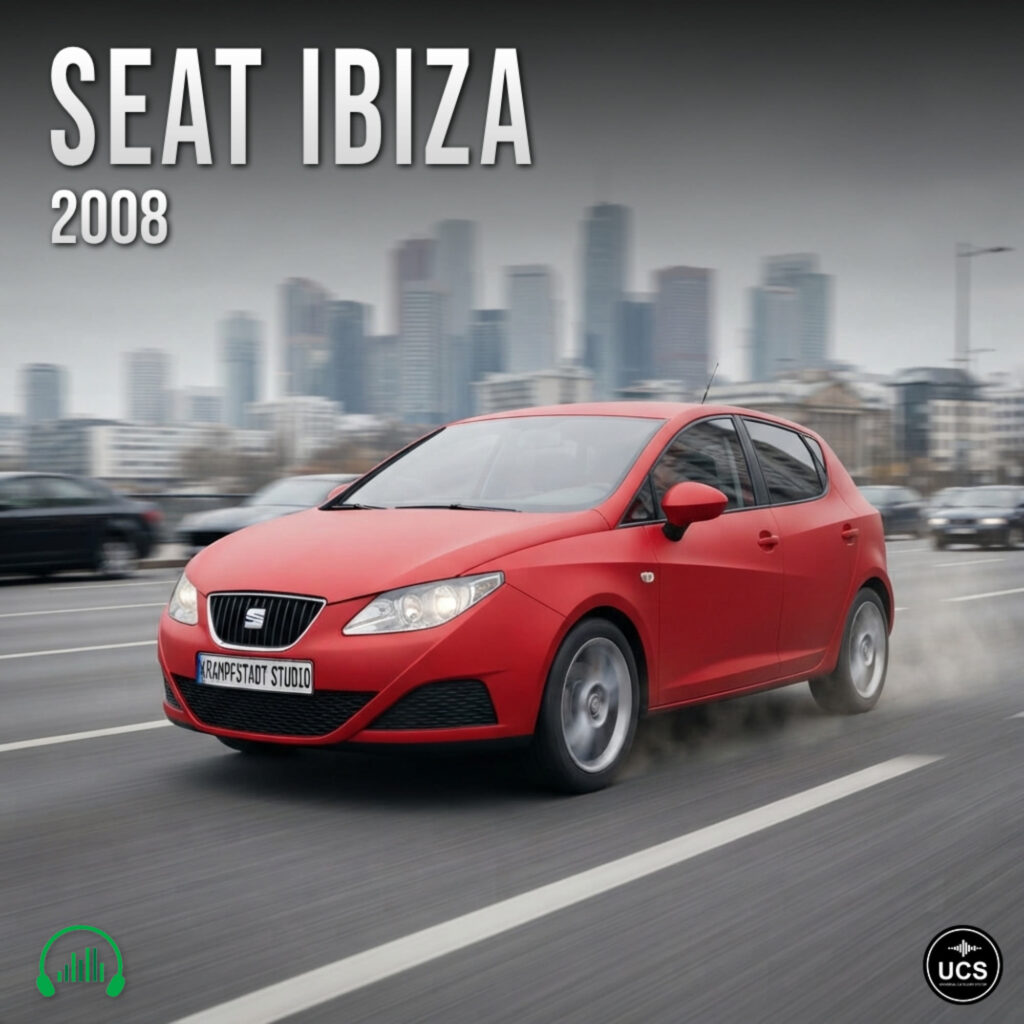 Red Seat Ibiza 2008 subcompact supermini car driving on a city bridge with a blurred skyline background.