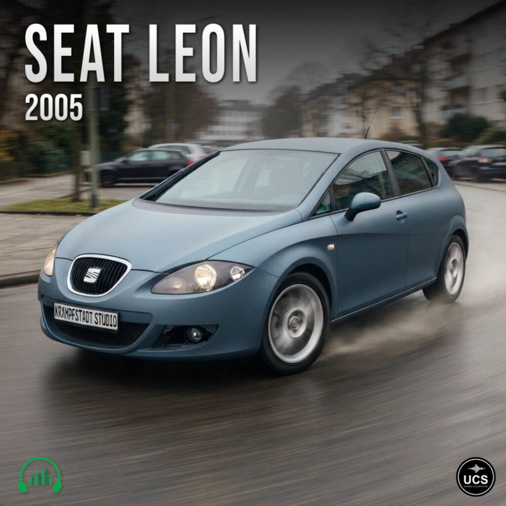 Blue 2005 Seat Leon compact car driving on a wet city street.