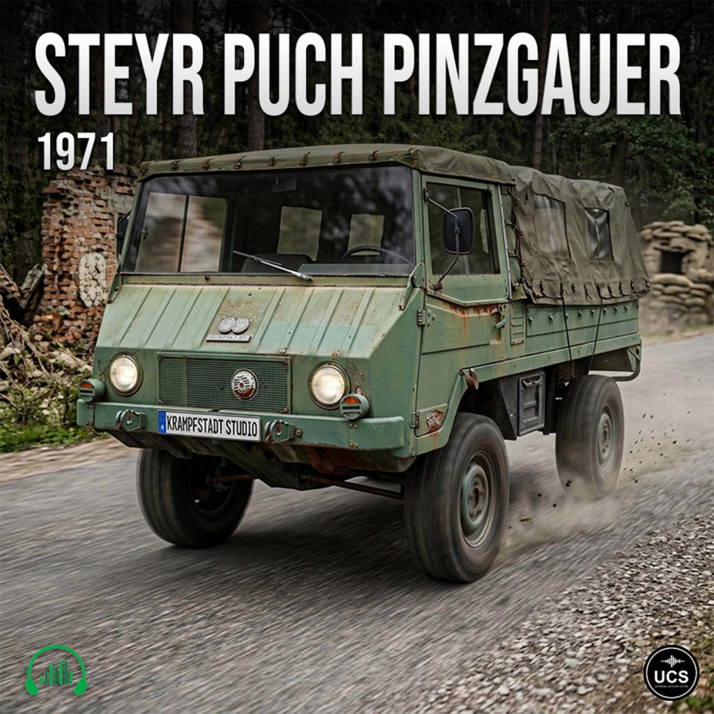 1971 Steyr Puch Pinzgauer military all-terrain utility vehicle in olive green driving on a road with text overlay.