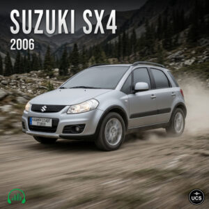 Silver 2006 Suzuki SX4 subcompact crossover SUV driving on a dusty dirt road in a mountainous area.