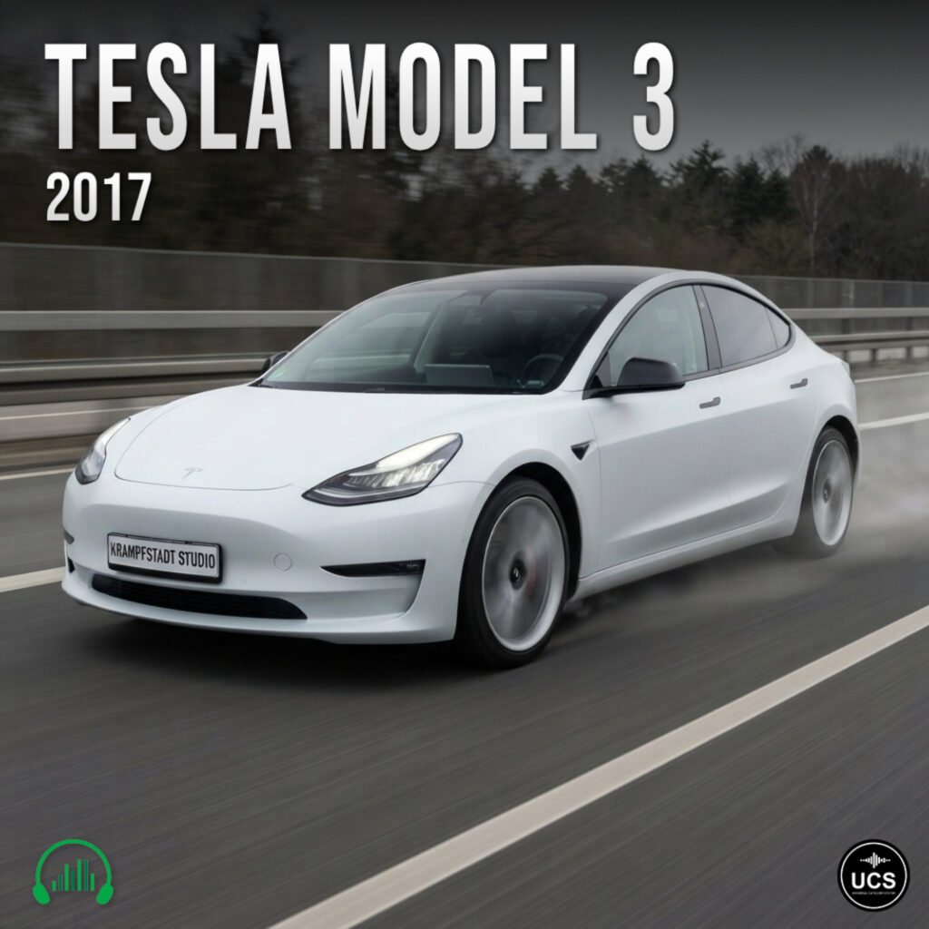 White 2017 Tesla Model 3 electric large family car driving on a highway.