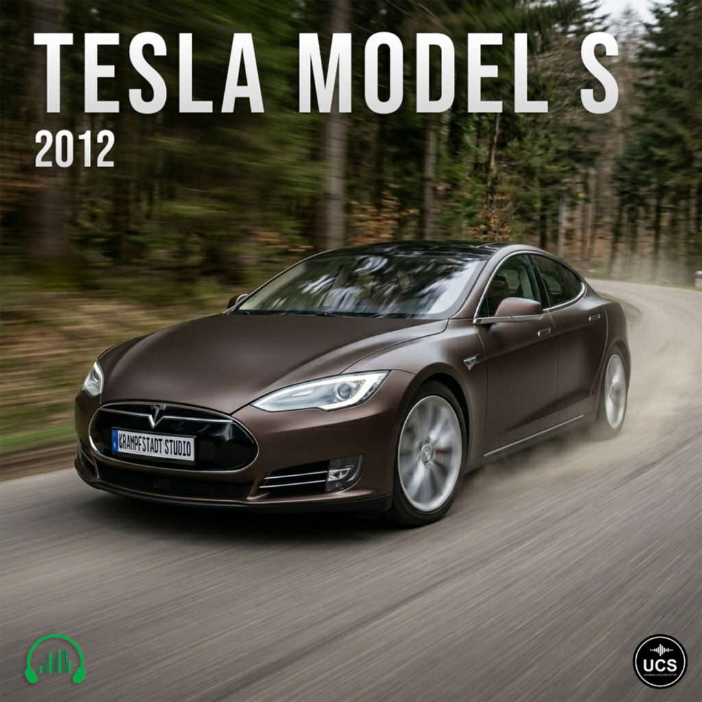 Brown 2012 Tesla Model S electric full size car driving fast on a forest road with motion blur.
