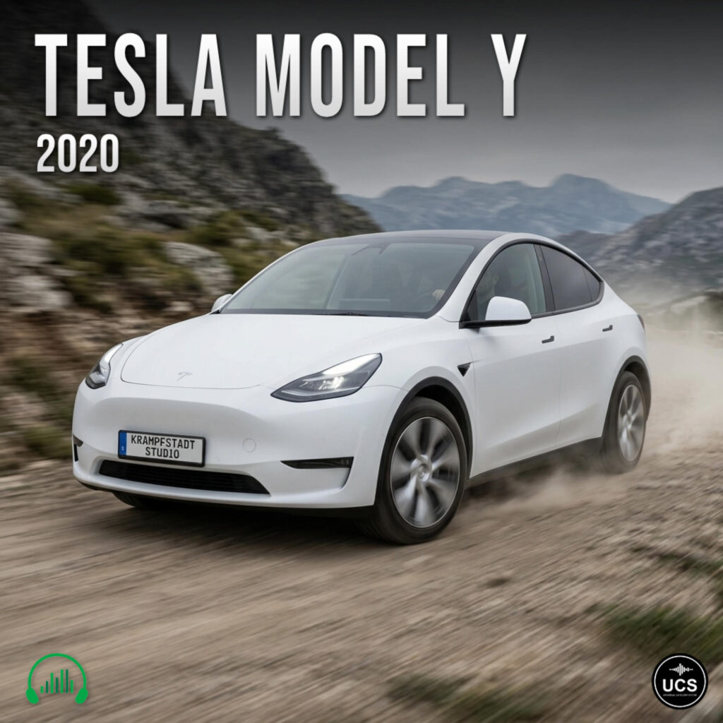 White 2020 Tesla Model Y electric mid-size crossover SUV driving on a dirt road.