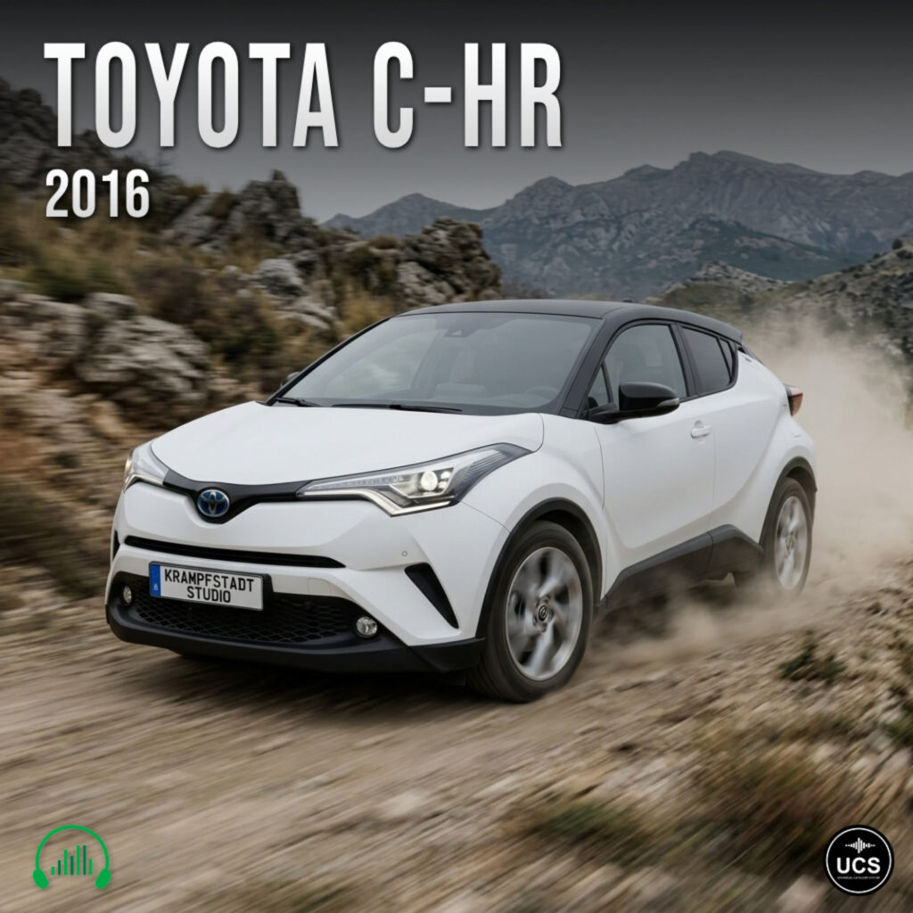 2016 Toyota C-HR hybrid electric subcompact crossover SUV in white drives fast on a dusty mountain road.