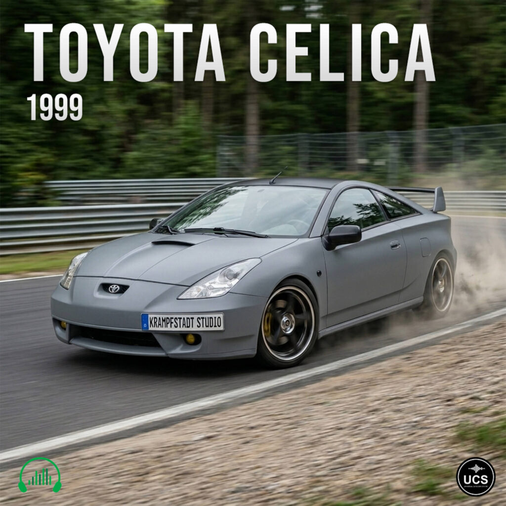 Gray 1999 Toyota Celica sports car drifts on a race track, kicking up dust from its rear tires.