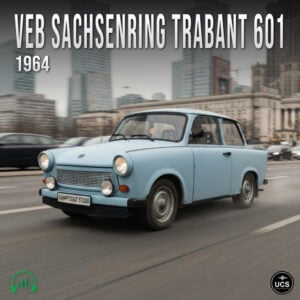 Light blue 1964 VEB Sachsenring Trabant 601 two-door subcompact car driving on a city street with tall buildings.