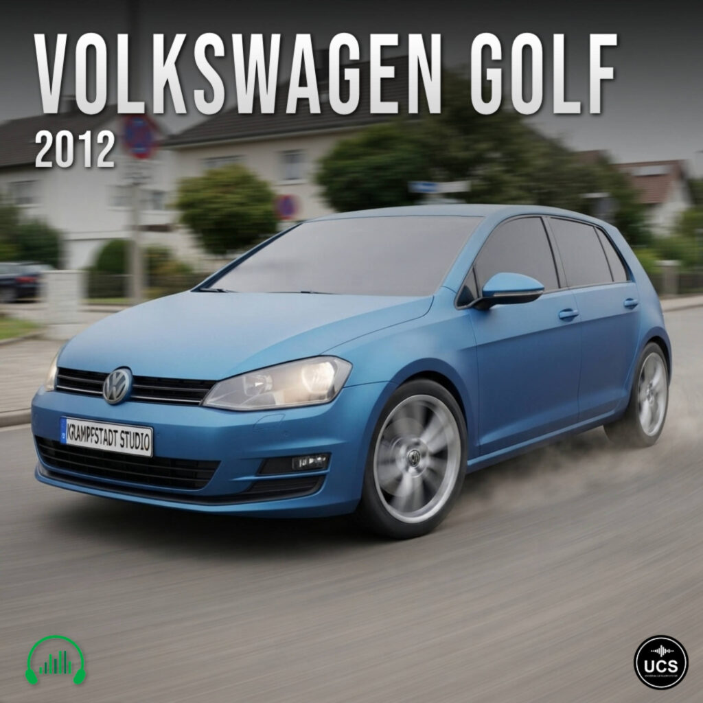 A blue 2012 Volkswagen Golf compact hatchback drives along a suburban road.