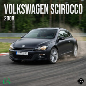 Black 2008 Volkswagen Scirocco sport compact car drifts on a race track with dust rising from rear tires.