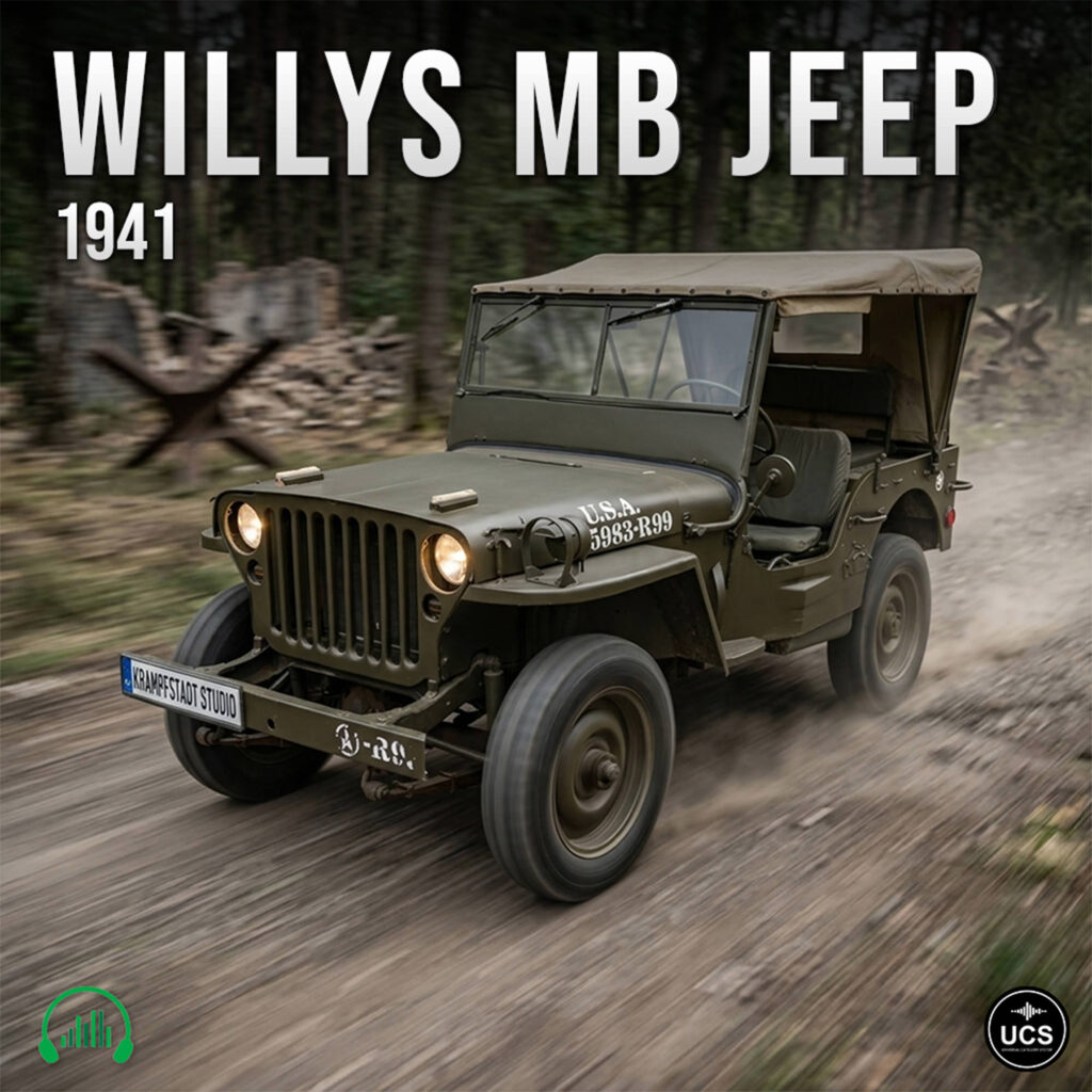 1941 Willys MB Jeep military light utility vehicle driving along a forest dirt track.