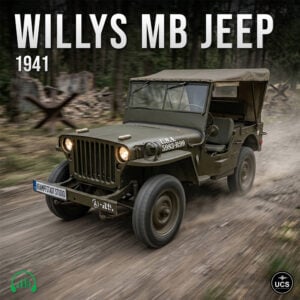 1941 Willys MB Jeep military light utility vehicle driving along a forest dirt track.