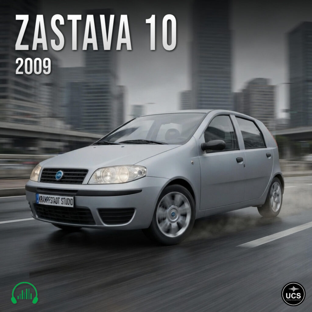 Silver 2006 Zastava 10 subcompact hatchback drives on a highway against a blurred city skyline.