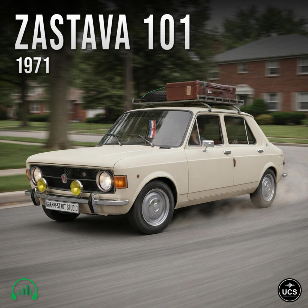 Off-white 1971 Zastava 101 compact car drives on a suburban road with a suitcase on its roof rack.