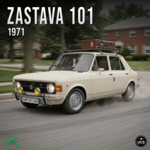 Off-white 1971 Zastava 101 compact car drives on a suburban road with a suitcase on its roof rack.