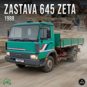 A green 1988 Zastava 645 Zeta flatbed truck drives along a dirt road at a construction site.