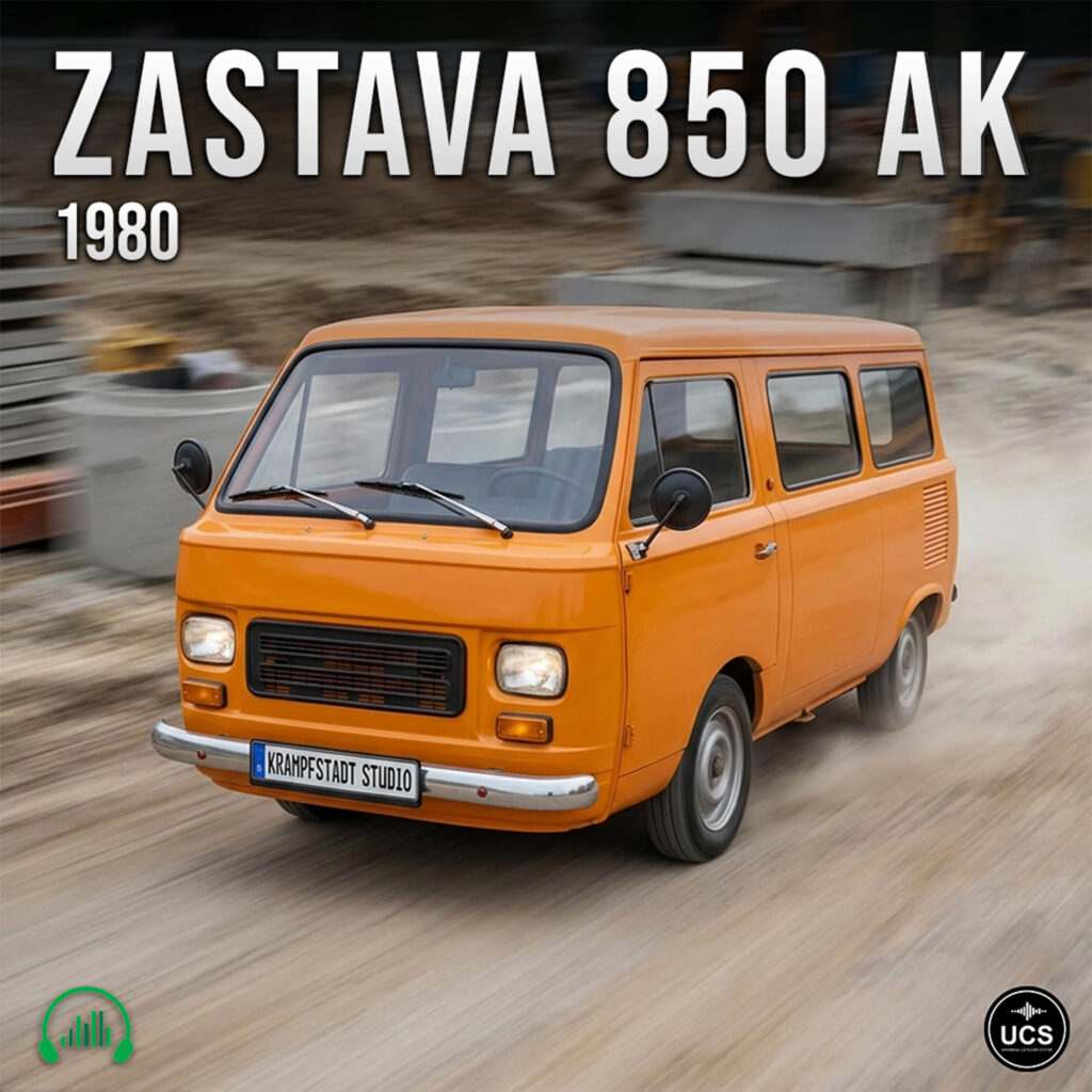 Orange 1980 Zastava 850 AK van driving on a dirt road.