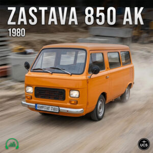 Orange 1980 Zastava 850 AK van driving on a dirt road.
