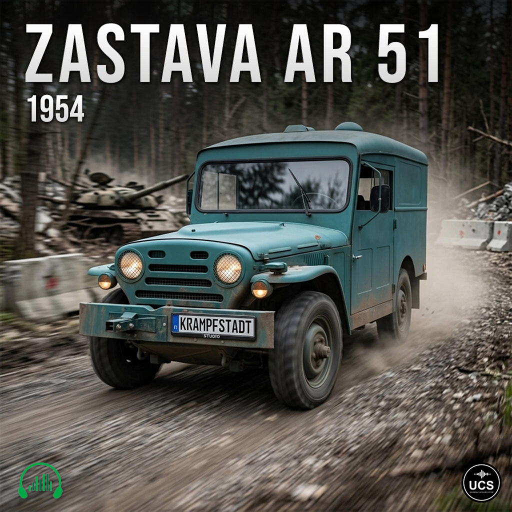 Teal 1954 Zastava AR 51 military light utility vehicle drives on a forest dirt road near a tank.