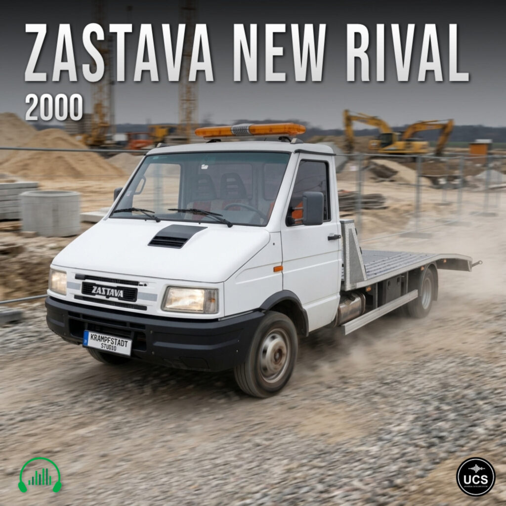 White Zastava New Rival 2000 flatbed truck with an orange warning light drives across a gravel construction site.