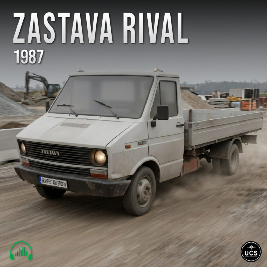 1987 Zastava Rival white flatbed lorry drives along a dirt track at a construction site.