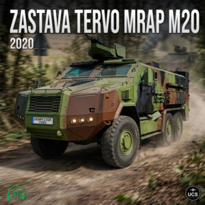 Camo-painted Zastava Tervo MRAP M20 2020 armored vehicle drives on a dirt road with a roof-mounted machine gun.