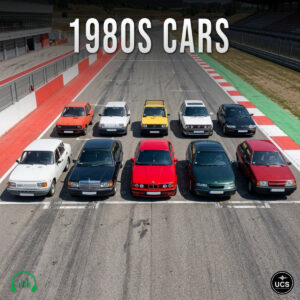 Ten 1980s cars sit in two rows on a racetrack starting grid.