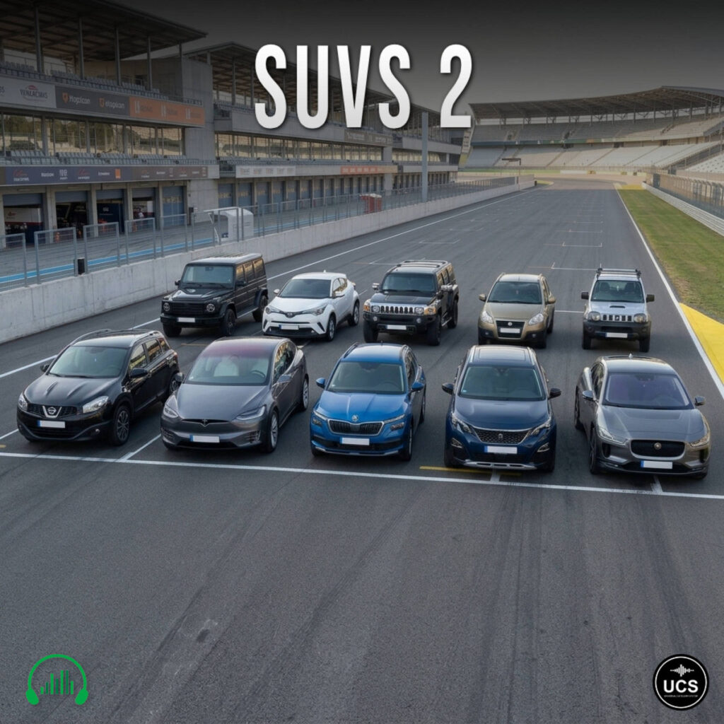 Ten SUVs are parked in two rows on a racetrack starting grid.